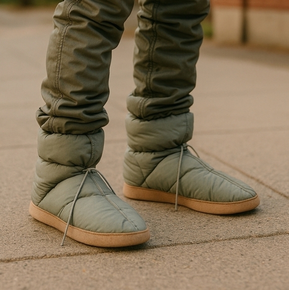 EDDIE BAUER vintage Goose Down Olive Camp Bootie Slippers Leather Soles. - Picture 1 of 12
